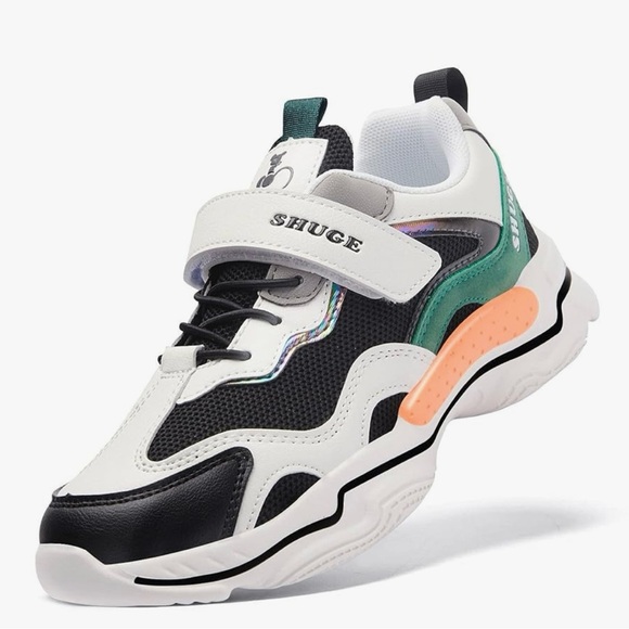 NEW-SHUGE White Black Green Leather Strap Slip On Sneakers Shoes- Youth 3.5Y - Picture 2 of 8
